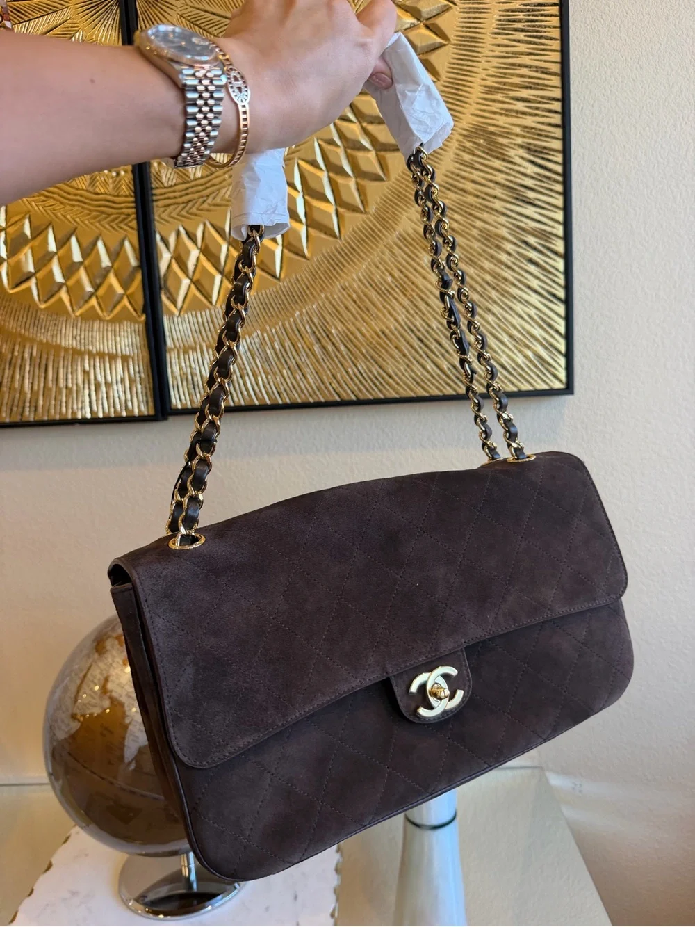 CHANEL Dark Brown Suede Quilted Flap Bag with Gold Hardware